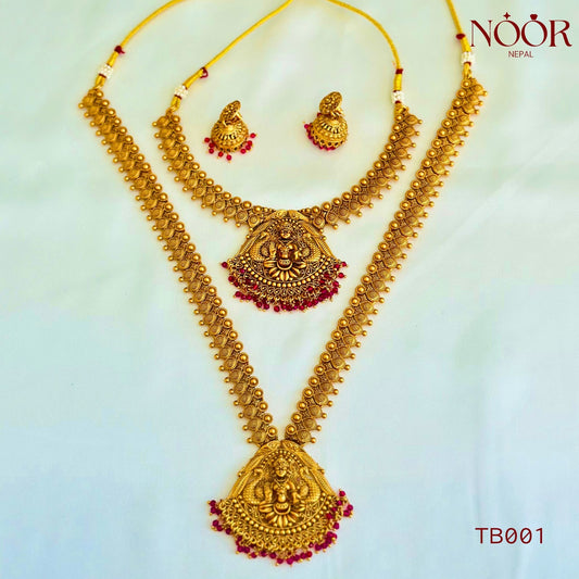 Brass Temple Necklace Set with Goddess Lakshmi Motif - Noor Nepal