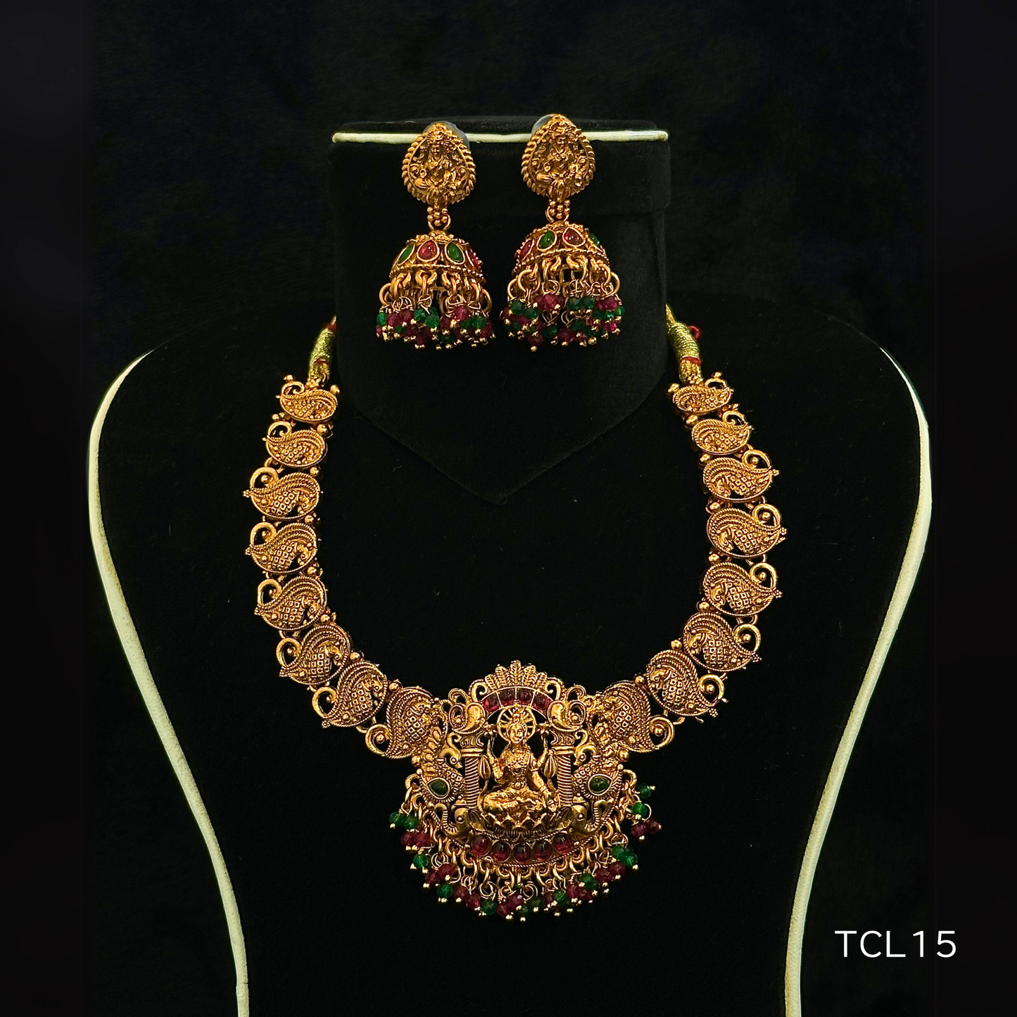 Brass Temple Jewellery Necklace Set with Red & Green Accents - Noor Nepal