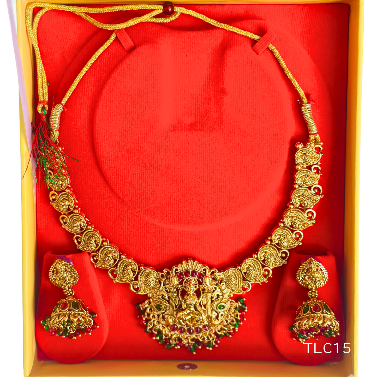 Brass Temple Jewellery Necklace Set with Red & Green Accents - Noor Nepal