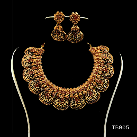 Brass Plated Temple Necklace Set with Floral Motifs – Noor Nepal